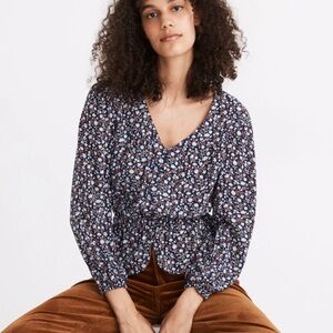 Madewell Silk Button-Front Peplum Top in Harvest Vine